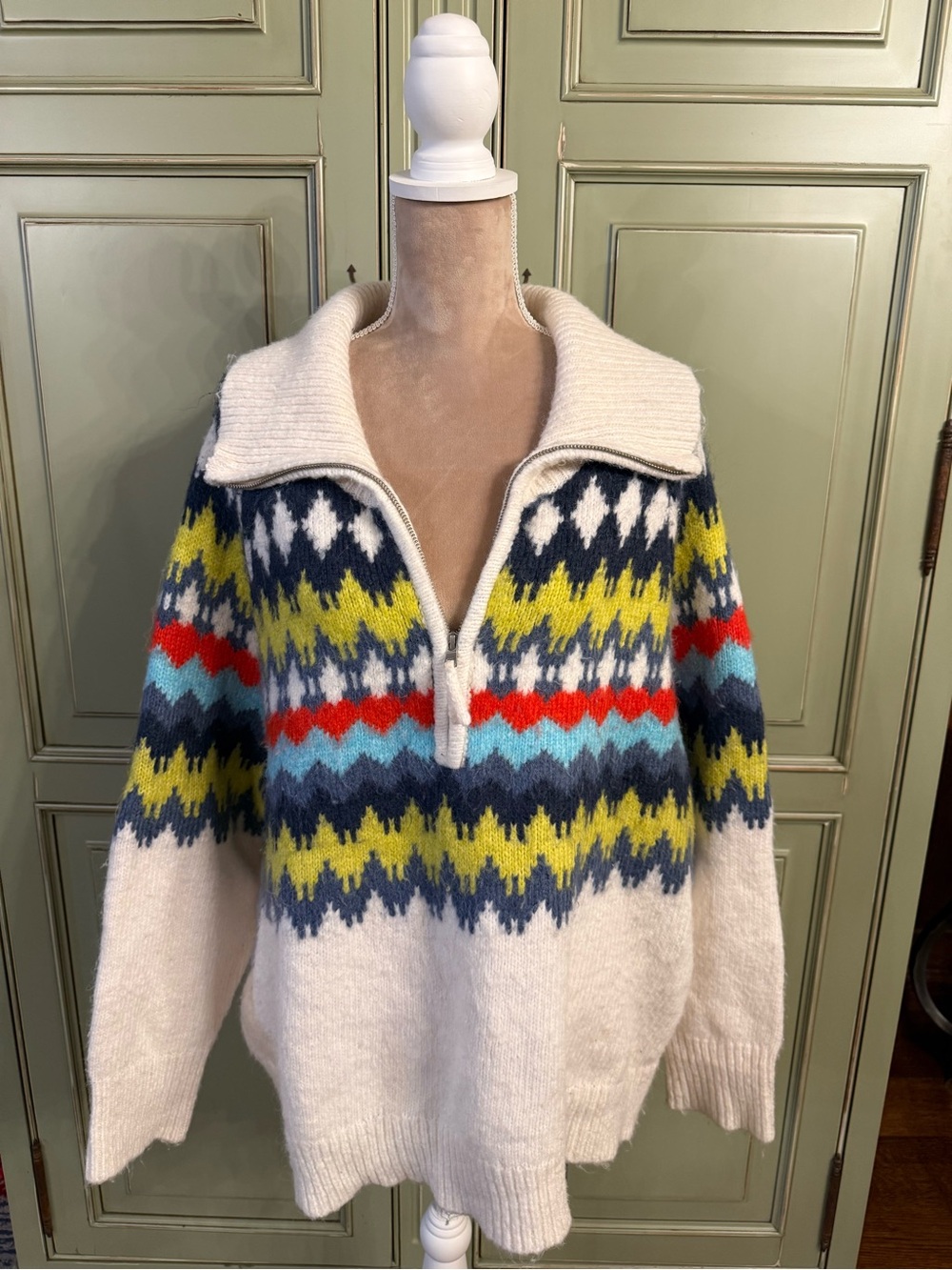 Aerie - Cozy Ivory Zip-Neck Fair Isle Sweater